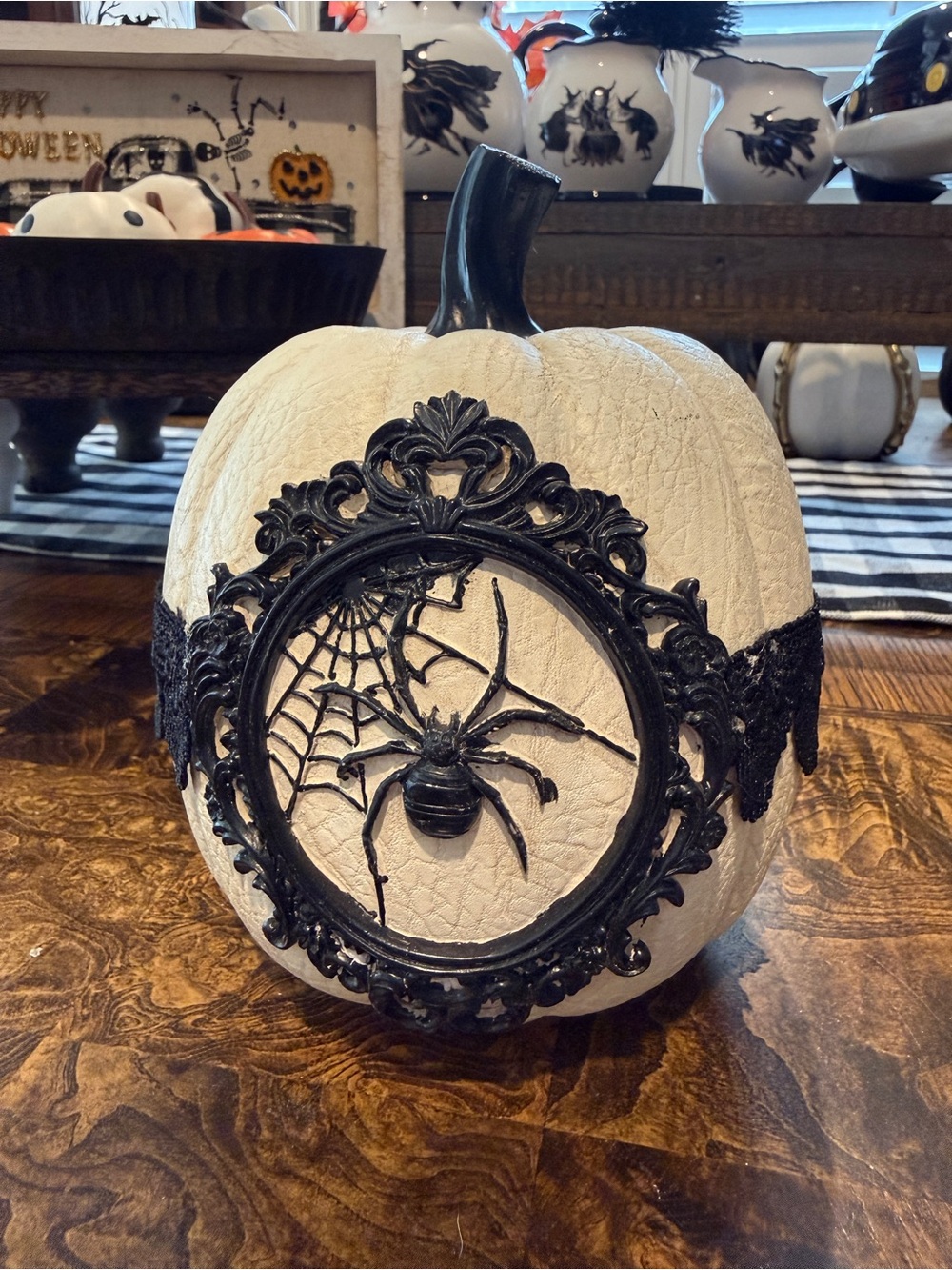 T.J.Maxx White Pumpkin with Black Filigree Spider Accent